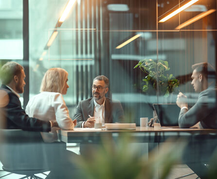 Four business professionals sitting around a meeting table in a modern glass-walled office, engaged in conversation.